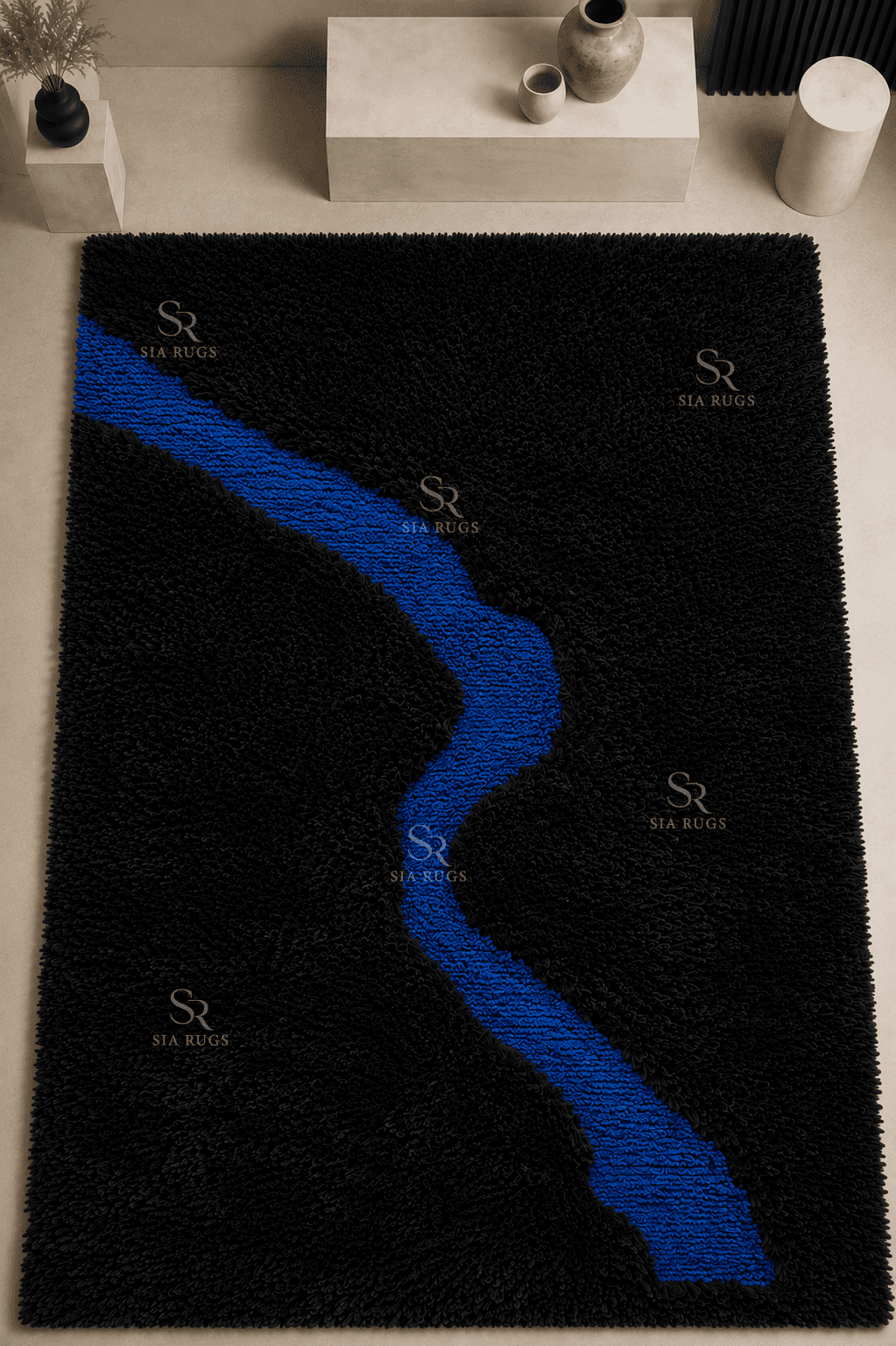 Electric Rift Sculptural Black & Blue Shag Carpet - Image 2